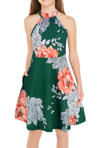 GORLYA Girl's Halter Neck Cold Shoulder Sleeveless Summer Casual Sundress A-line Dress with Pockets for 4-12 Years(GOR1013,10Y,GreenPrint)