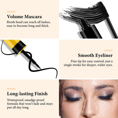 Boobeen 4D Silk Fiber Mascara & Eyeliner Pen, Long Lasting Waterproof Mascara and Eye Liner set, Volume and Length Mascara to Enlarge Eyes, Smudge-Proof Liquid Eyeliner for Eye Makeup