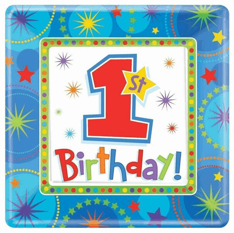 amscan International one-Derful Boy 26 cm Paper Plates Square, Pack of 8