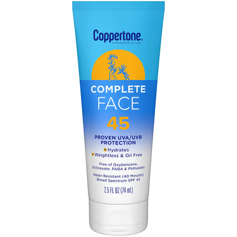 Coppertone Complete SPF 45 Face Sunscreen, Water Resistant Face Sunscreen, 2.5 fl. oz.