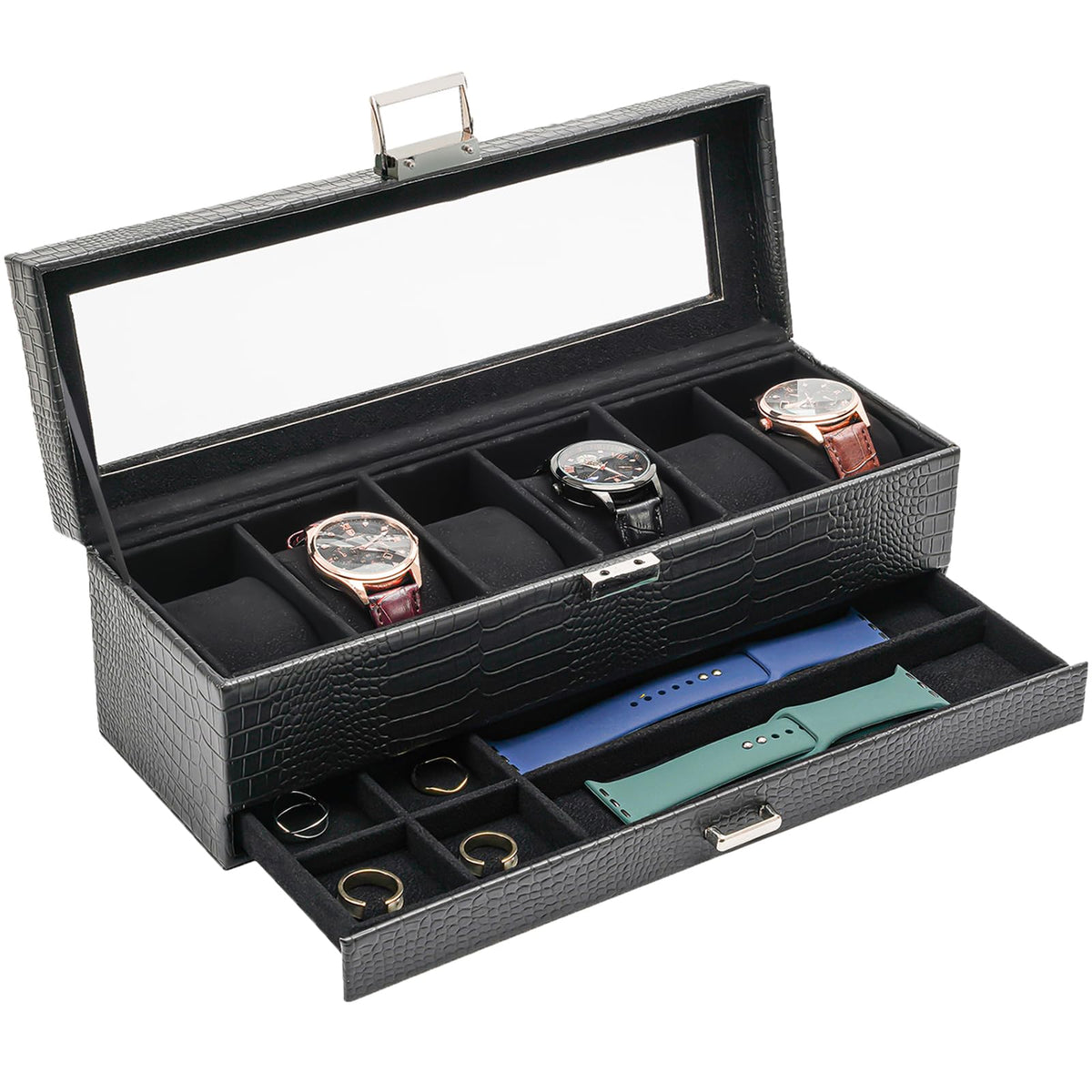 ProCase Watch Box for Men, 6 Slot Watch Display Case with Drawer, Mens Watch Case With Glass Lid, 2-Layer Jewelry and Watch Storage Watch Holder Organizer for Men Women -6 Slot, LizardBlack