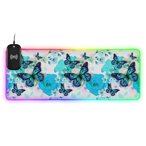Flowers Butterfly Wireless Charging Mouse Pad for Mobile Phone Extra Large Gaming Mousepad with 13 Lighting Modes Extended Desk Mat for Office Home Gaming MacBook PC Laptop Desk