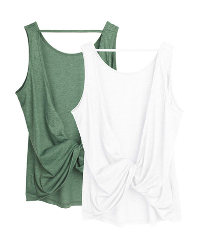 icyzone Workout Tank Tops for Women - Open Back Strappy Athletic Tanks, Yoga Tops, Gym Shirts(Pack of 2) (L, White/Green)