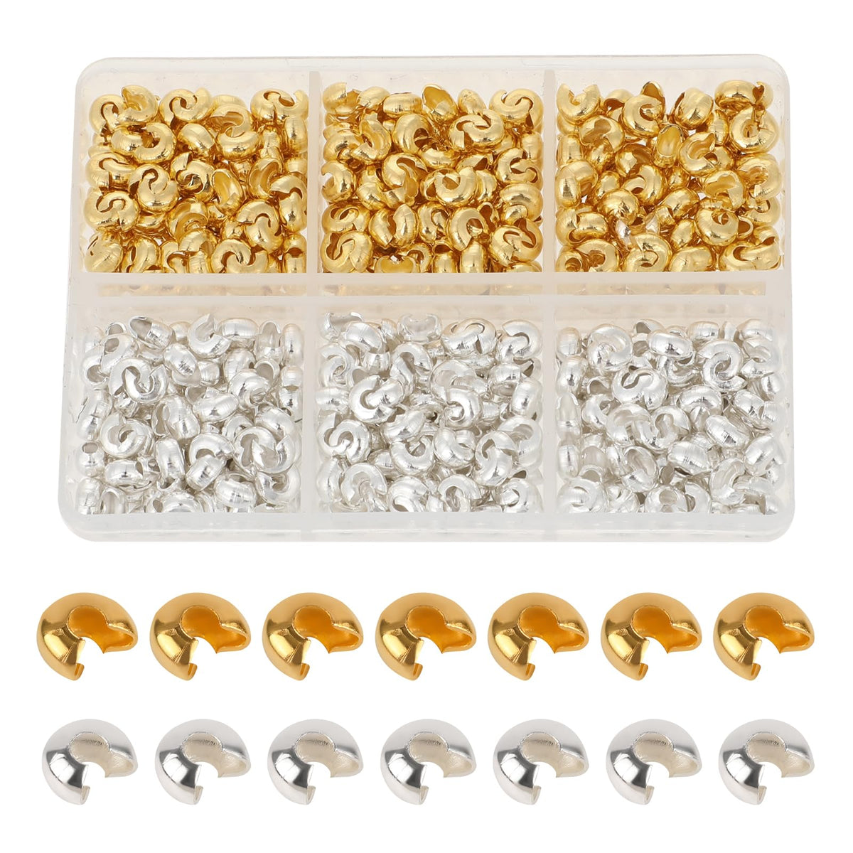 600 Pieces Crimp Bead Covers, 4mm Half Round Open Crimp Beads Knot Covers, Brass Crimp Knot Covers for Jewelry Making, Metal DIY Jewelry Findings, Small Beads for Jewelry Craft Making(Gold and Silver)