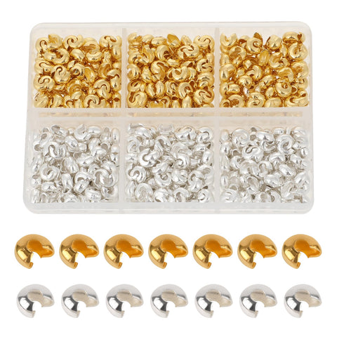 600 Pieces Crimp Bead Covers, 4mm Half Round Open Crimp Beads Knot Covers, Brass Crimp Knot Covers for Jewelry Making, Metal DIY Jewelry Findings, Small Beads for Jewelry Craft Making(Gold and Silver)