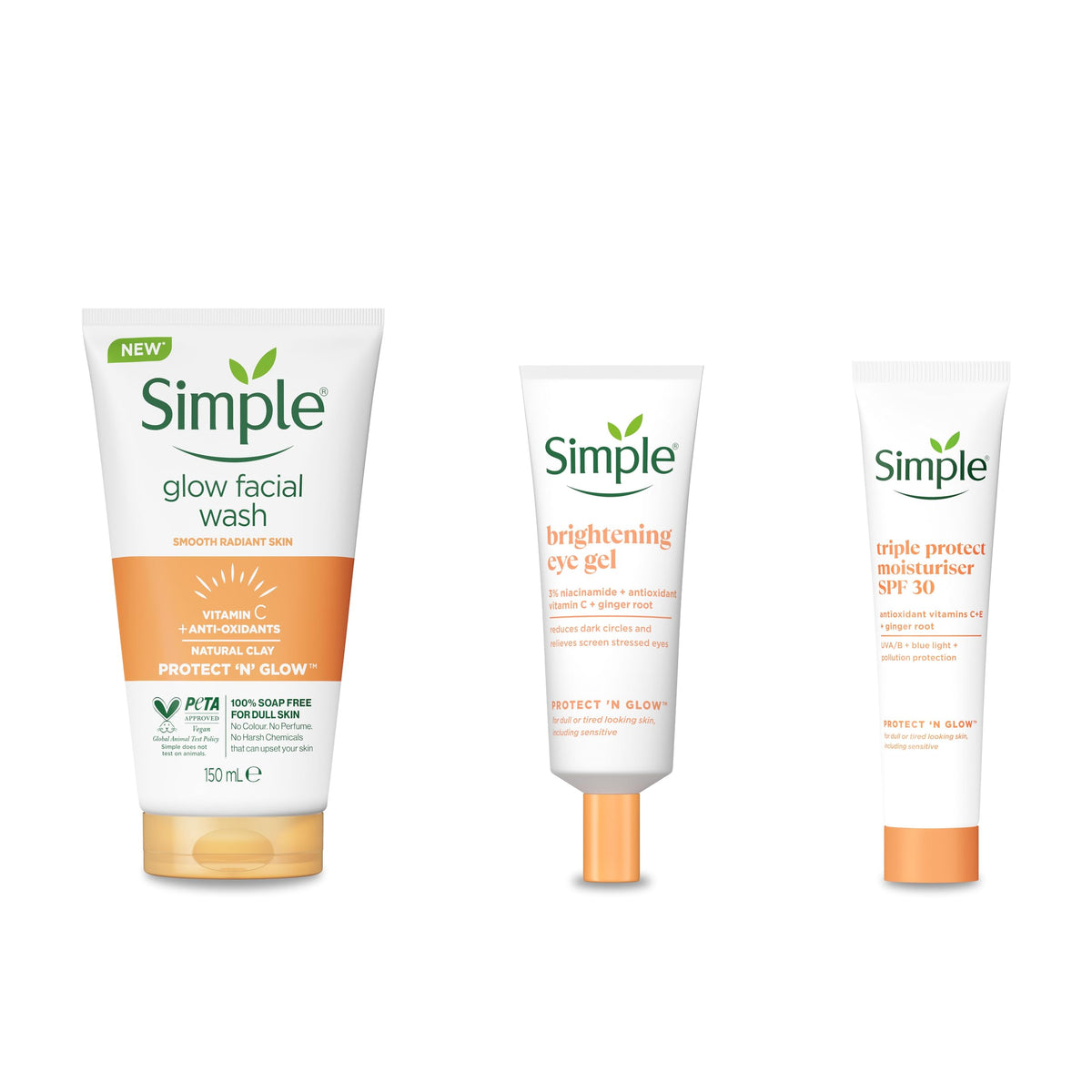 Simple Protect 'N' Glow Express Glow Clay Polish Cleanser, 1x 150 ml + Triple Protect Moisturiser, 1x 40 ml + Brightening Eye Gel, 1x 25 ml - Set of 3