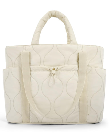 BAGSMART Puffer Tote Bag for Women, Quilted Travel Tote Bag for Work, Large Lightweight Travel Bags with Zipper Beige