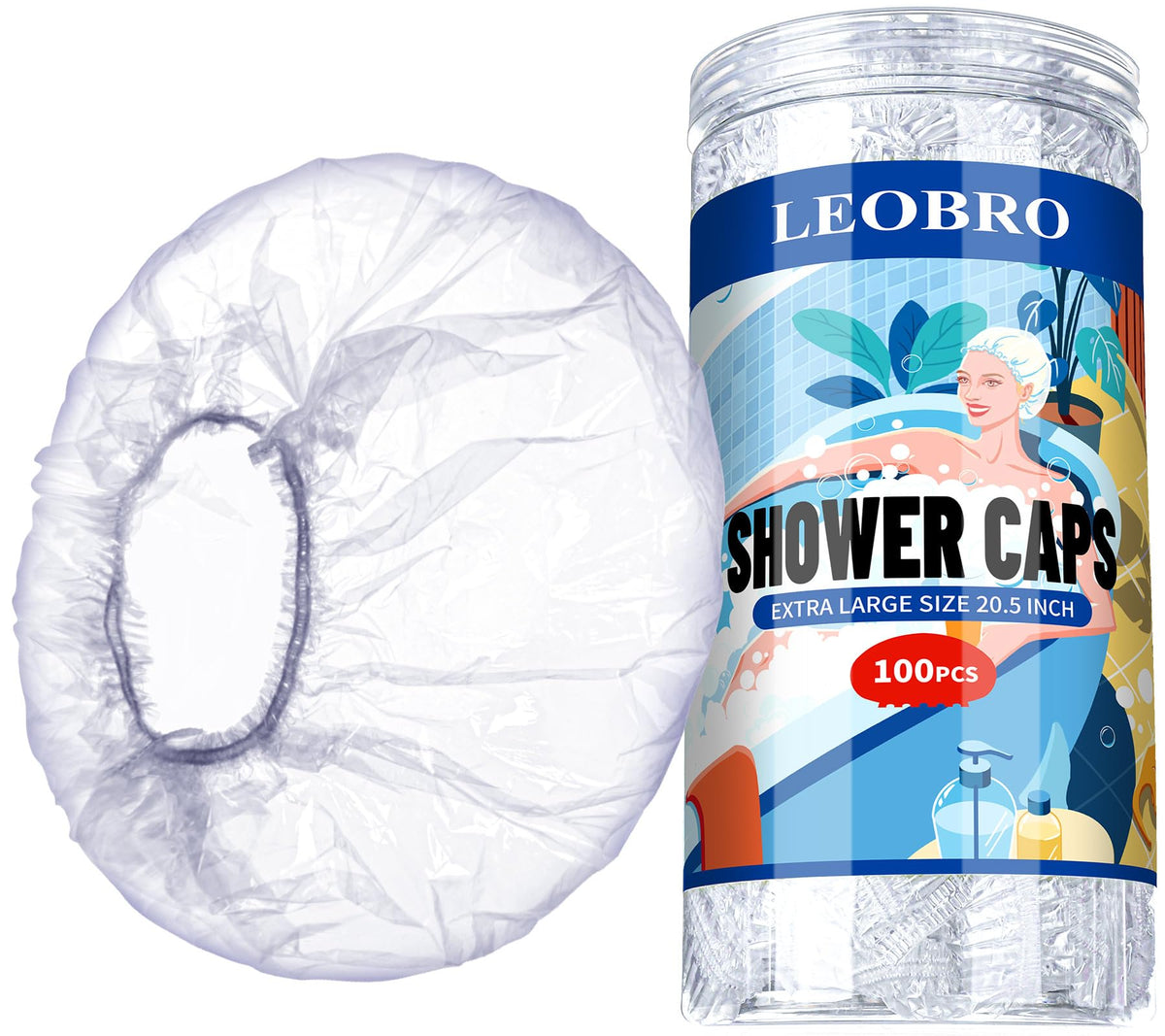 LEOBRO Extra Large Disposable Shower Cap, 100PCS Shower Caps, Plastic Shower Caps for Women Disposable, Clear Thick Plastic Hair Caps Plastic Caps for Hair Treatment, Extra Large Size 20.5 INCH