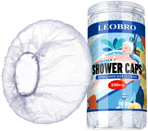 LEOBRO Extra Large Disposable Shower Cap, 100PCS Shower Caps, Plastic Shower Caps for Women Disposable, Clear Thick Plastic Hair Caps Plastic Caps for Hair Treatment, Extra Large Size 20.5 INCH