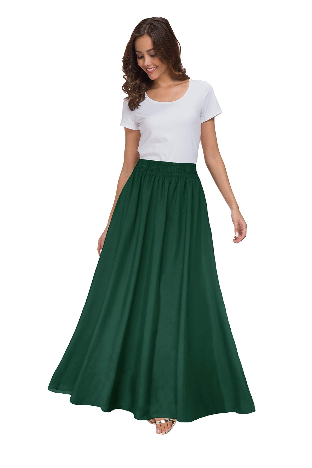 Sinono Womens Chiffon Retro Maxi Skirt Vintage Ankle-Length Skirts (Small, Dark Green)
