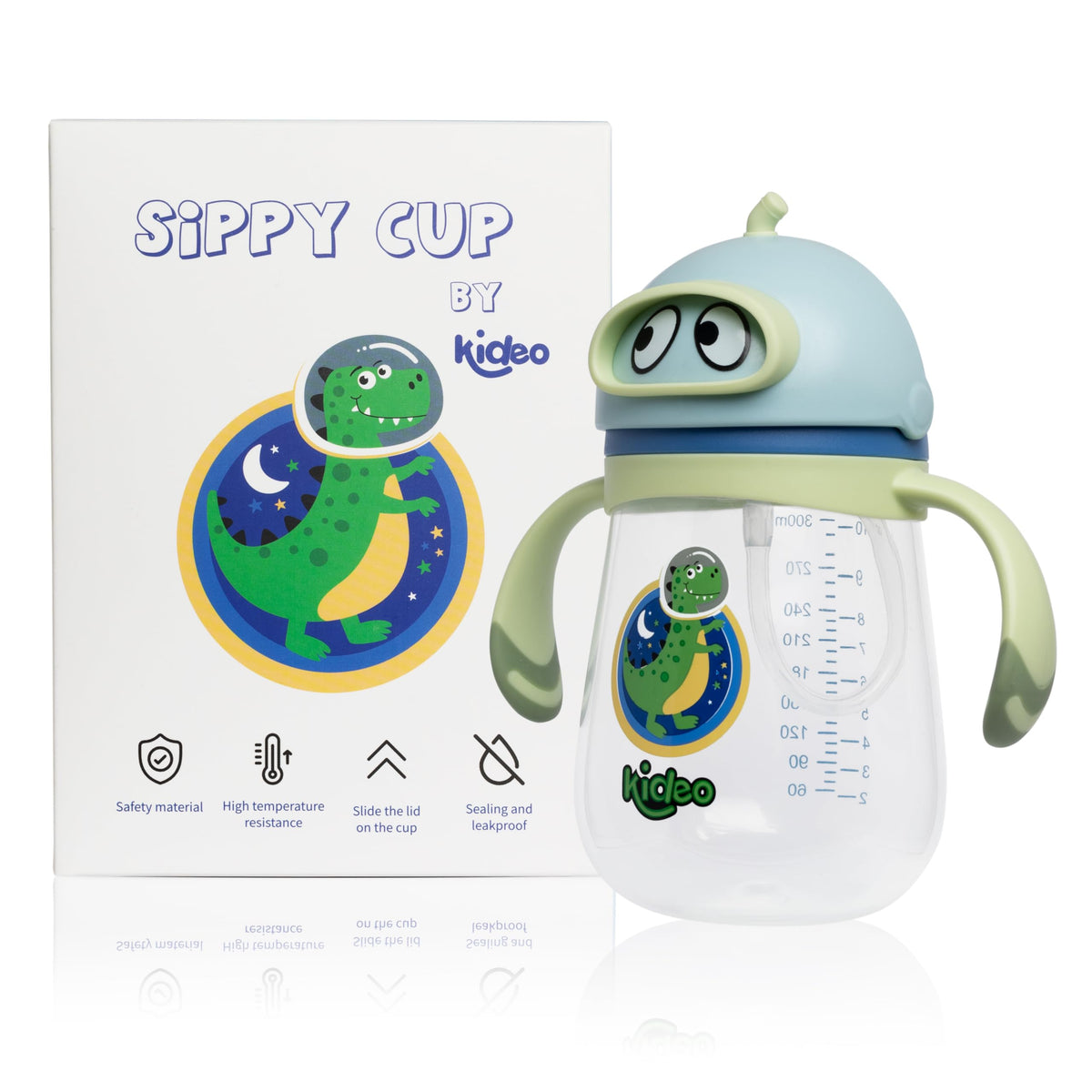 Kideo Sippy Cup for Toddlers, 100% Leak Proof, Baby Bottle, PP Drinking Bottle, 240ml, BPA Free, Kids Friendly, London Design (Blue, Space Dinosaur)