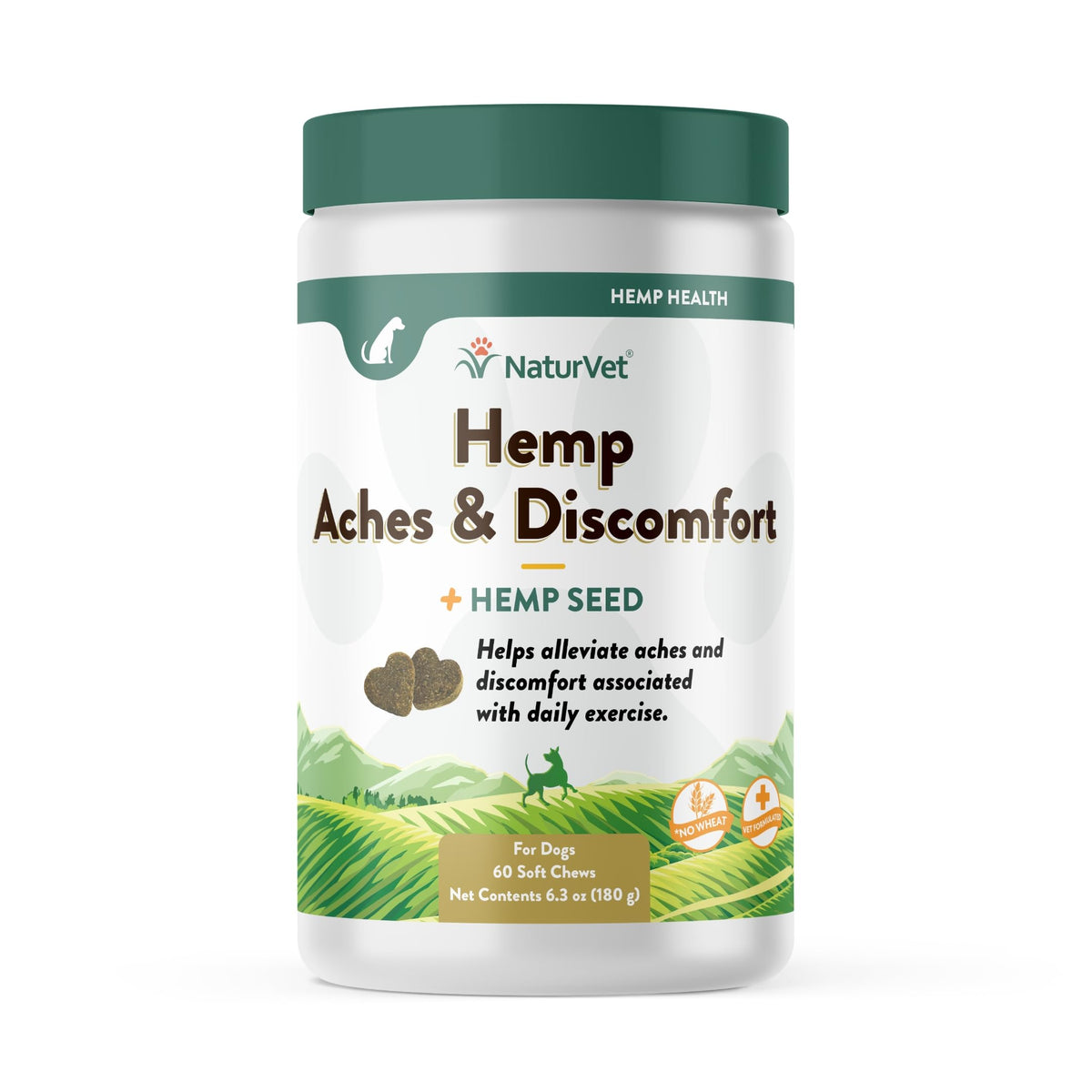 NaturVet Hemp Aches & Discomfort Plus Hemp Seed for Dogs, 60 ct Soft Chews, Made in The USA