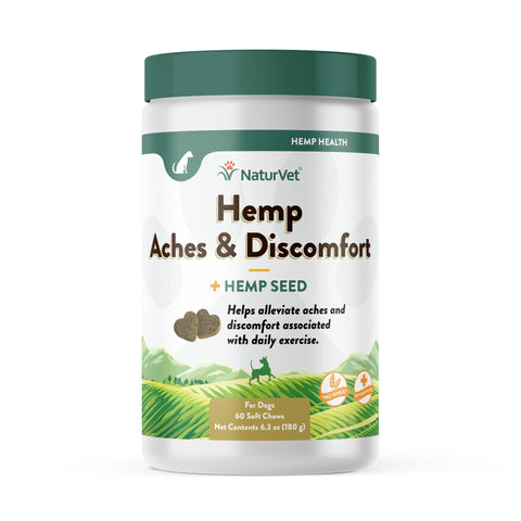 NaturVet Hemp Aches & Discomfort Plus Hemp Seed for Dogs, 60 ct Soft Chews, Made in The USA