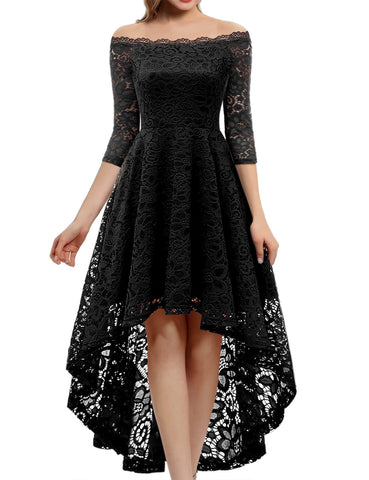 Dressystar Women's Lace Cocktail Dress Hi-Lo Off Shoulder Bridesmaid Swing Formal Party Dresses 0042-CX Black S