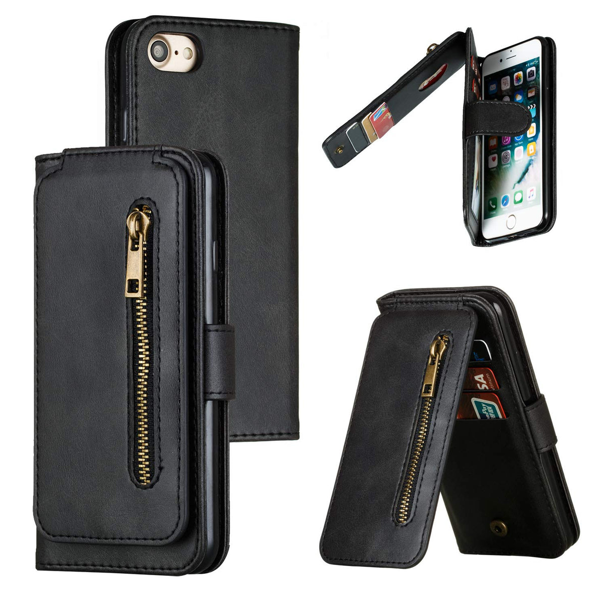 QLTYPRI Case for iPhone 7 Plus 8 Plus, Wallet Case with Premium PU Leather Zipper Purse Credit Card Holder Slot Kickstand Wrist Strap Dual Layer Protective Case for iPhone 7 Plus 8 Plus - Black