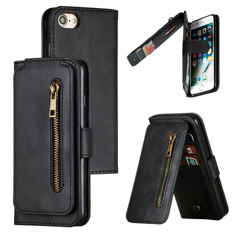QLTYPRI Case for iPhone 7 Plus 8 Plus, Wallet Case with Premium PU Leather Zipper Purse Credit Card Holder Slot Kickstand Wrist Strap Dual Layer Protective Case for iPhone 7 Plus 8 Plus - Black