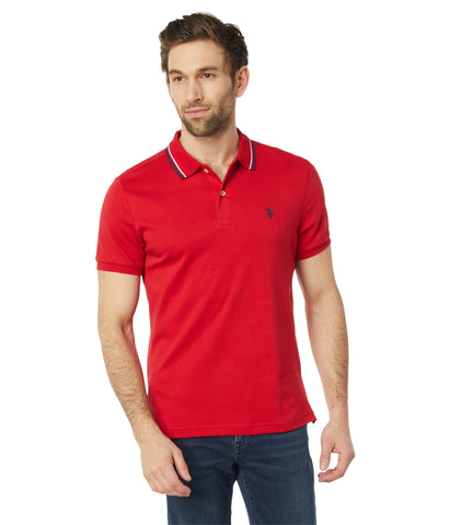 U.S. Polo Assn. Men's Slim Fit Tipped Interlock Knit Polo, Engine Red, Large