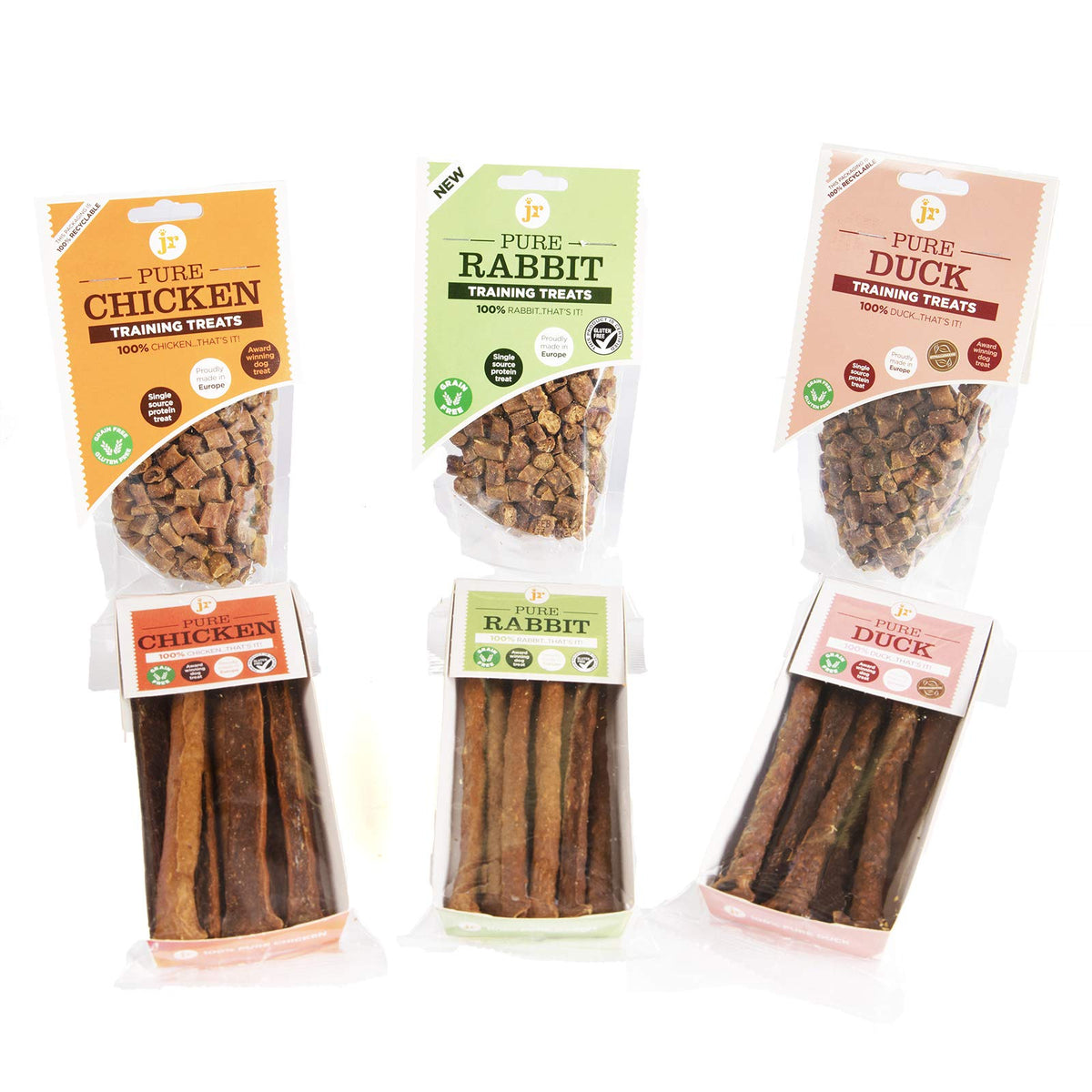 JR Pet Products 6 x Pure Natural Dog Treat Bundle (3 x 85g training treats 3 x 50g Pure meat Sticks). Delicious Chicken, Duck & Rabbit Flavours
