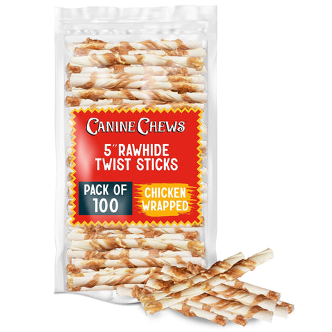 Canine Chews Chicken-Wrapped Rawhide Twists for Dogs - Pack of 100 U.S.A. Sourced Chicken Wrapped Rawhide Dog Treats, Sticks for Dogs - Premium & Natural Beefhide Chews