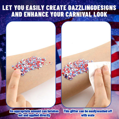 Swiffen 3 Pcs Independence Day Face Glitter Chunky Glitter with Gel Patriotic Memorial Day Body Glitter 4th of July Accessories for Women Face Paint Makeup Decorations(Red, White, Blue)