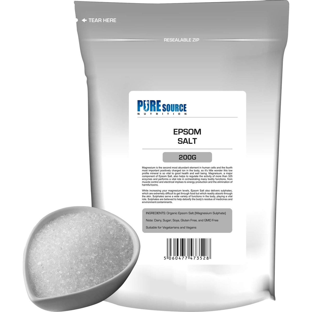 Organic Epsom Salt Vegan Epsom Salts for Bath Bathing Bath Bombs | 100% Pharmaceutical | FCC Food Grade | Natural Magnesium Sulphate by Pure Source Nutrition (200g)
