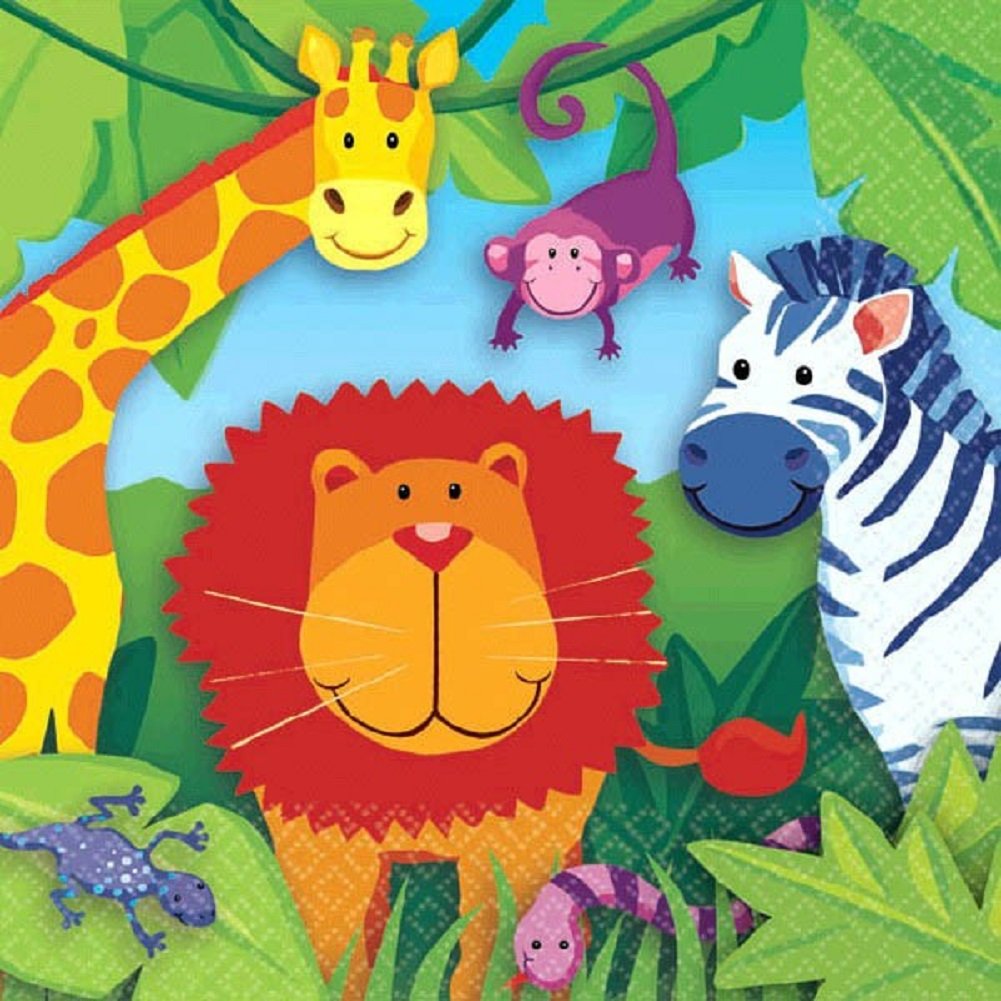 Amscan Colorful Jungle Animals Birthday Party Beverage Napkins Party Supply, 5 x 5, Multi
