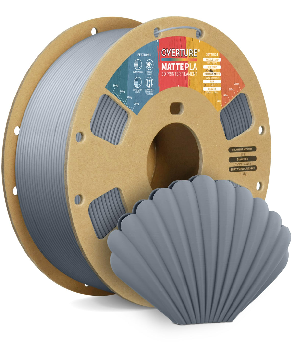 OVERTURE PLA Filament Matte PLA 1.75mm, Matte PLA Filament Roll 1kg Spool (2.2lbs), Dimensional Accuracy +/- 0.05 mm, Fit Most FDM Printer (Matte Light Grey)