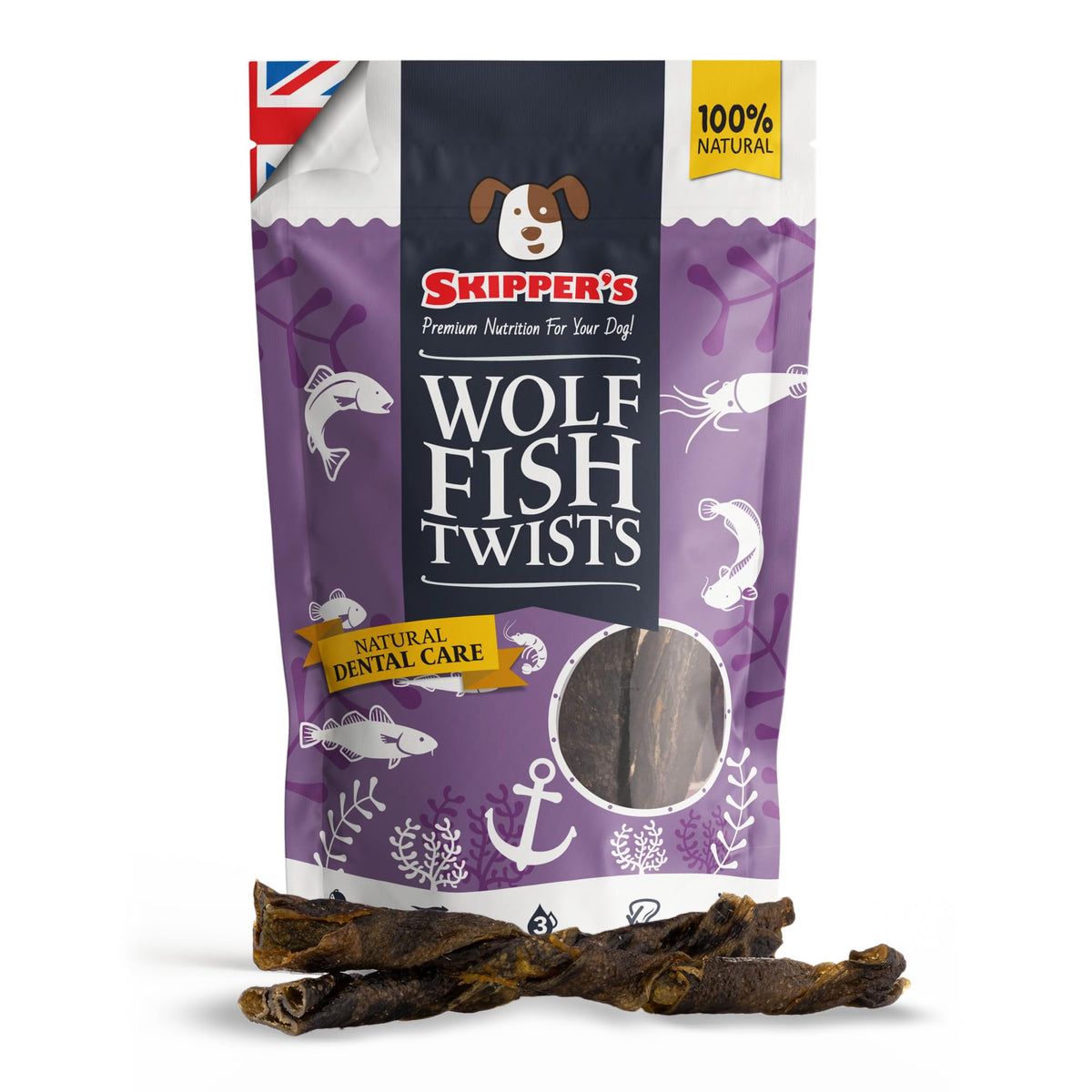 SKIPPER'S Wolf Fish Skin Twists - Grain Free Dog Treat, Great for Dogs Teeth, Handmade & Gently Air Dried Healthy Natural Dog Dental Sticks | Long Lasting Hypoallergenic Chew Treats Regular (250g)