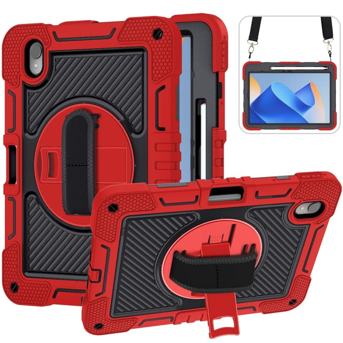 Tablet Case for Huawei Matepad 11 Inch 2023 Heavy Duty Rugged Case, Three-Layer Shockproof, 360 Degree Rotation Kickstand, with Hand Shoulder Strap, Red Black