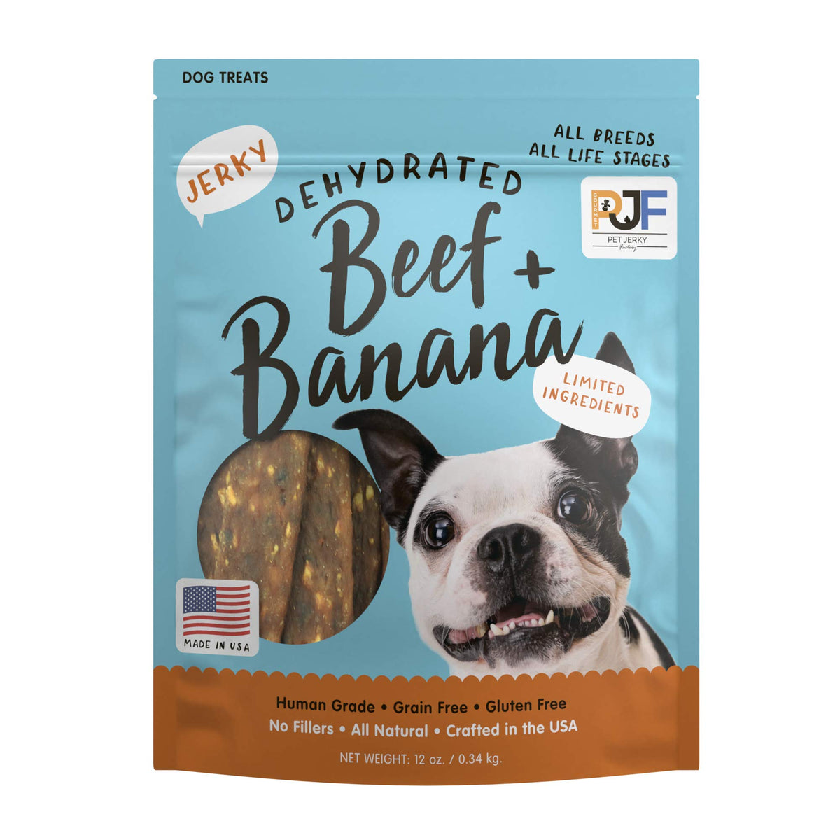 Pet Jerky Factory Premium Dog Treats | 100% Human Grade | USA Made | Grain Free | Beef and Banana, 12 oz.