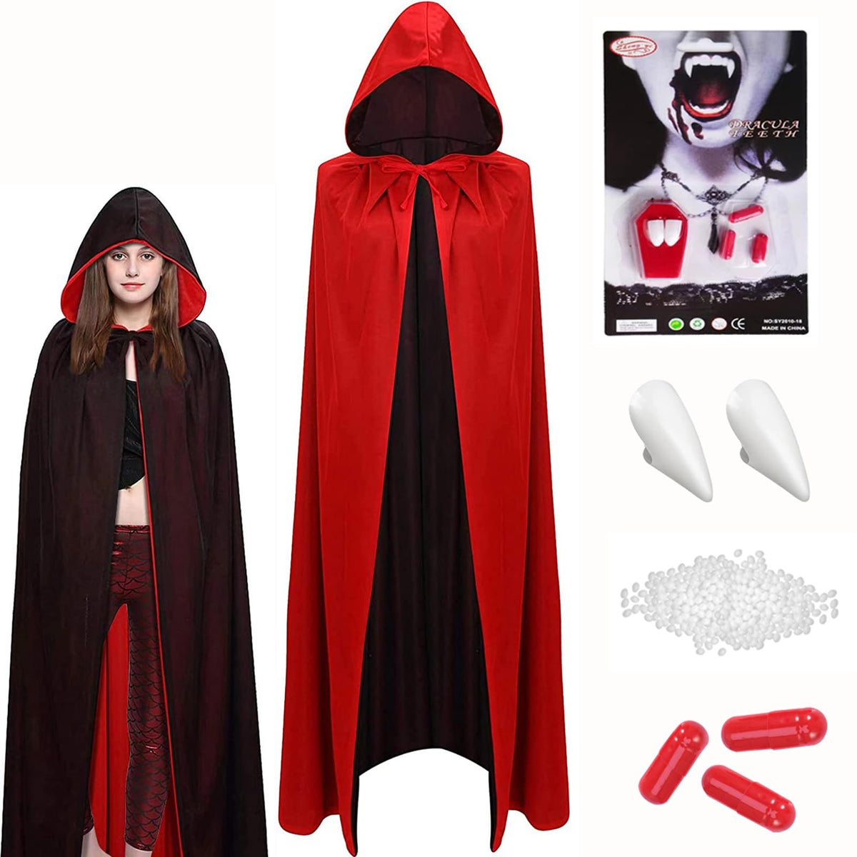 Halloween Vampire Costume - Double-Sided Red Black Cape with Hood & Vampire Teeth & Artificial Blood, 140 cm Vampire Cape Halloween Cape Dracula Costumes Children Girls for Halloween Carnival