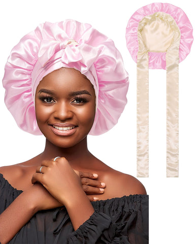 Satin Bonnet Silk Hair Bonnets for Women Curly Hair Wrap for Sleeping Cap Reversible Bonnet with Tie Band Night Cap Double Layer Sleep Cap for Curly Hair (Reversible Satin Bonnet (Champagne +Pink)