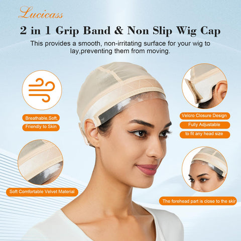 lucicass Wig Cap Wig Grip Cap for Keeping Wigs in Place Non-Slip Wig Cap with Built-in Velvet Wig Grip Band Make Your Wig Be Glueless (Nude)
