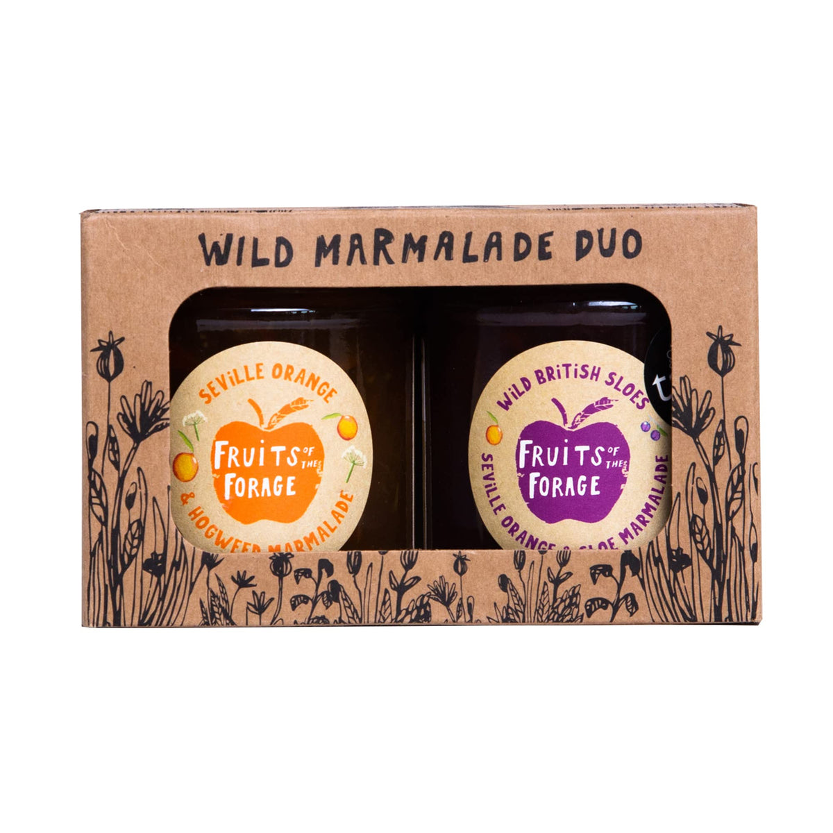 Fruits of the Forage Luxury Marmalade Gift Pack, Includes Seville Orange & Sloe Marmalade and Seville Orange & Hogweed Marmalade. Pack of 2 Glass Jars (210g x 210g)
