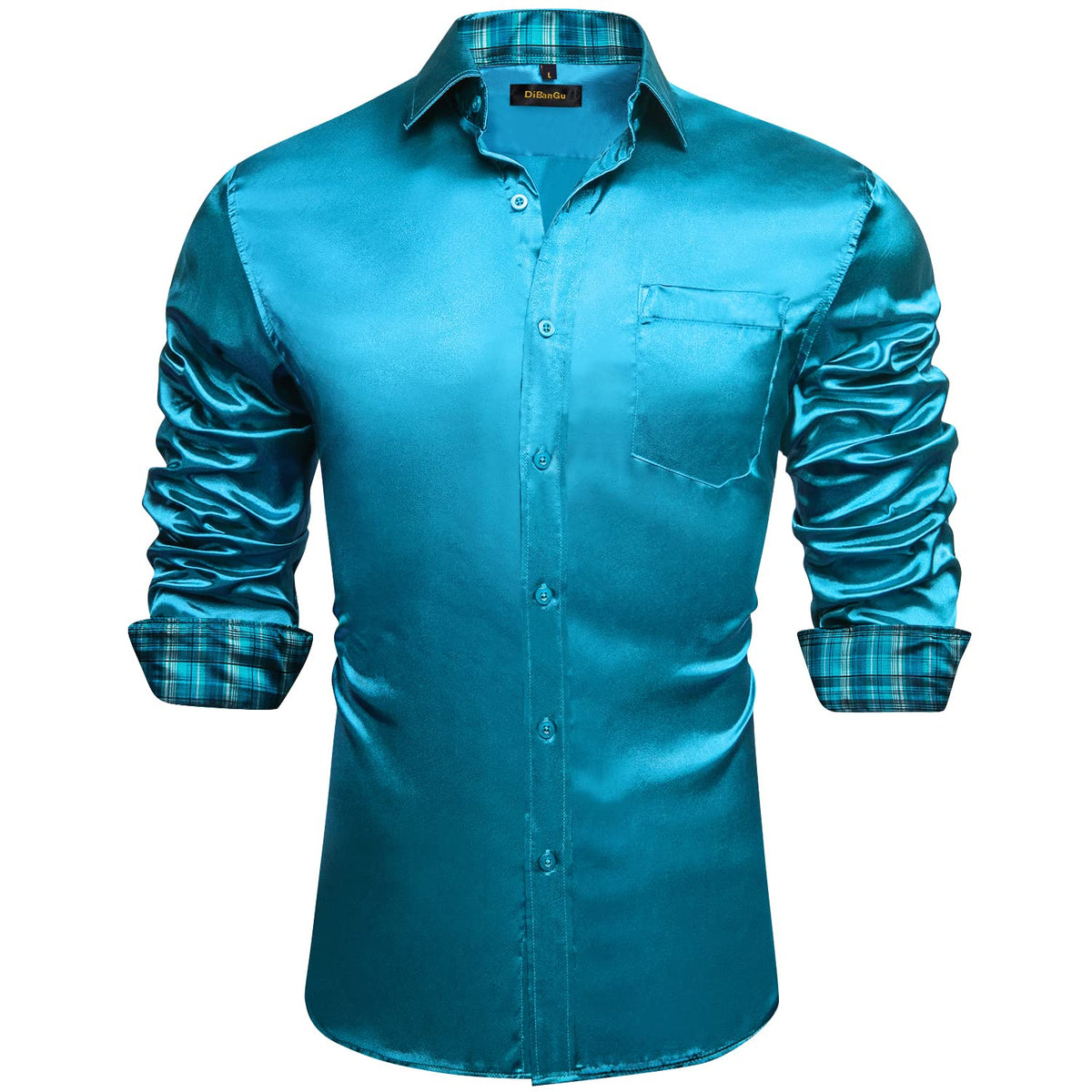 DiBanGu Mens Satin Dress Shirts Casual Long Sleeve Button Down Shirt Regular Fit Wrinkle Free Shiny Shirts for Men Party Prom, Teal Blue, X-Large