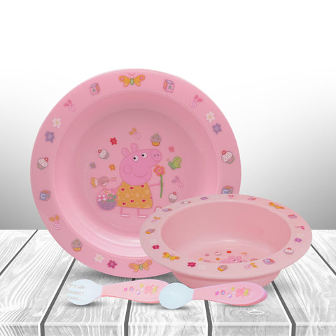 4Pcs Pepa Pig Babys First Feeding Set| Reusable Plastic Plate Bowl Forks and Spoon| Children Dinnerware Set for Mealtimes 6+Months, Pink