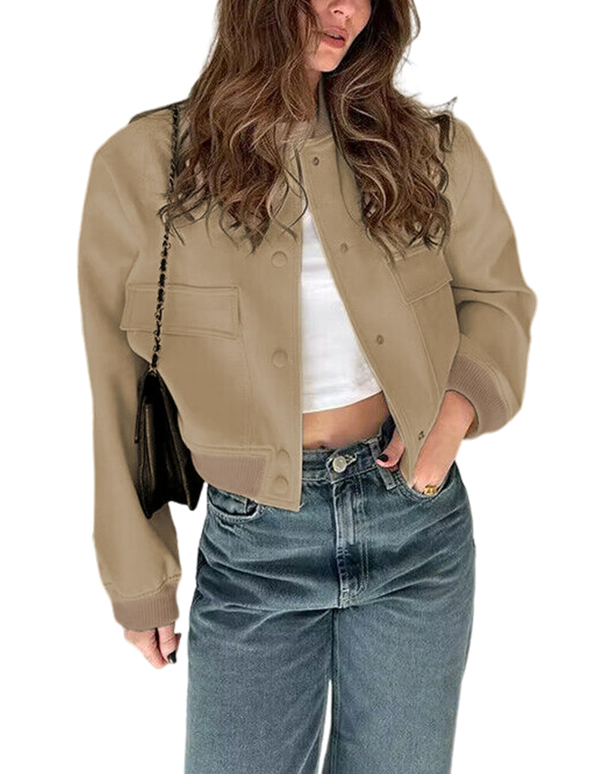 Aedceal Women's Cropped Bomber Jacket Button Down Stand Collar Varsity Coats Outerwears with Pockets(Khaki-M)