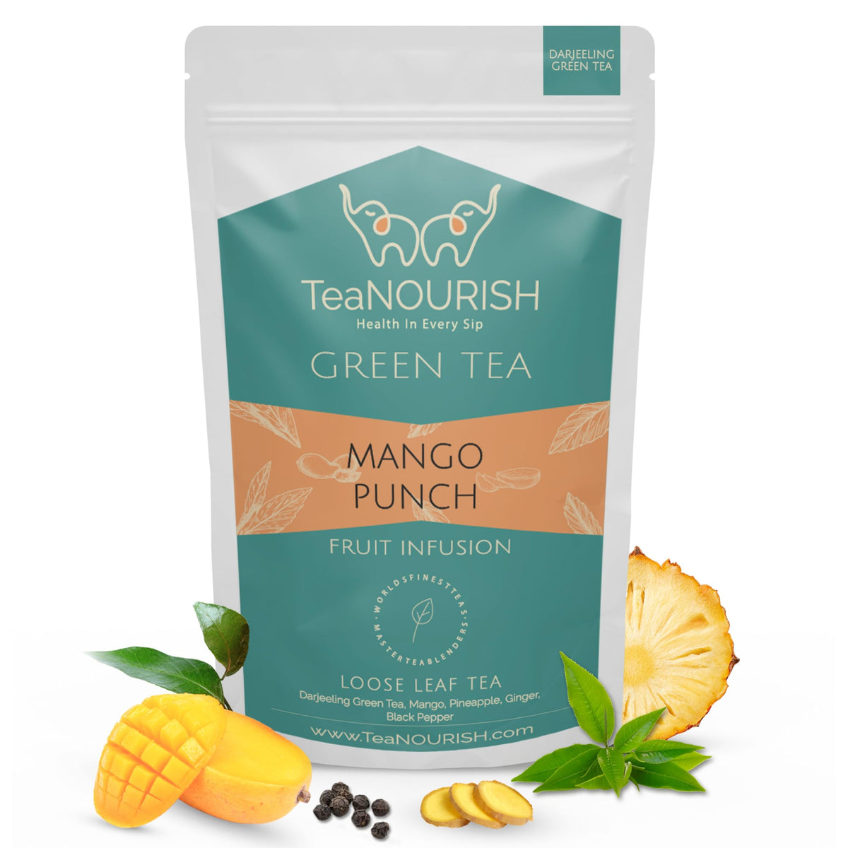 TeaNOURISH Mango Punch Green Tea | Darjeeling Loose Tea | Delicious Fruit Infusion | Real Mango | 100% NATURAL INGREDIENTS | Brew Hot or Iced Tea - 3.53oz/100g