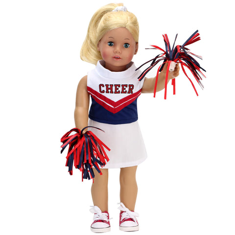 Sophia's Complete 4 Piece Cheerleading Uniform with CHEER Top and Skirt, Pom Poms and Tennis Shoes for 18" Dolls, White/Red