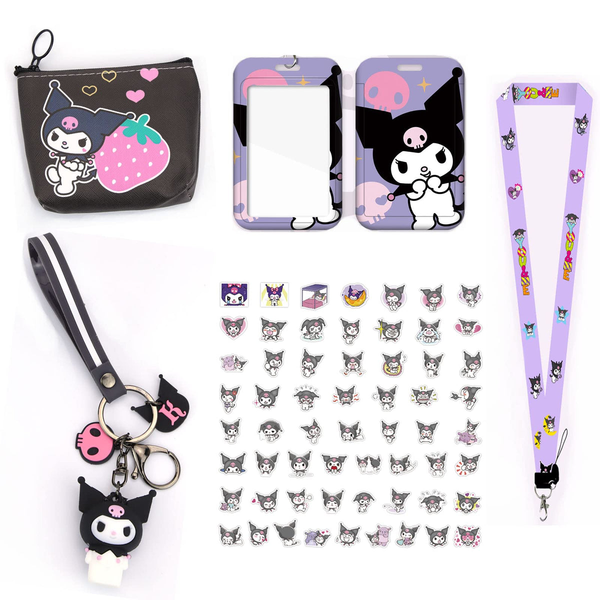 Kuromi ID Badge Holder with Lanyard Kuromi Keychain Kuromi Wallet Kuromi Stickers Cute Kuromi Gift Set Kuromi Accessories Set for Girls