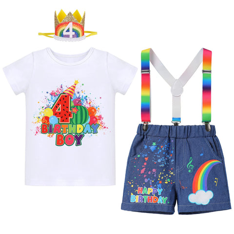 4 Year Old Boy Birthday Gift Toddler Kids Short Sleeve 4th Birthday Shirt+Rainbow Suspenders+Denim Shorts+Birthday Hat Outfit Watermelon Party Supplies Clothes Photoshoot Rainbow Melon-4th 4 Years