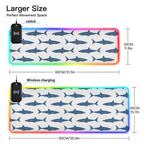 Blue Shark Wireless Charging Mouse Pad for Mobile Phone Extra Large Gaming Mousepad with 13 Lighting Modes Keyboard Mat for MacBook PC Laptop Desk Office Home Gaming