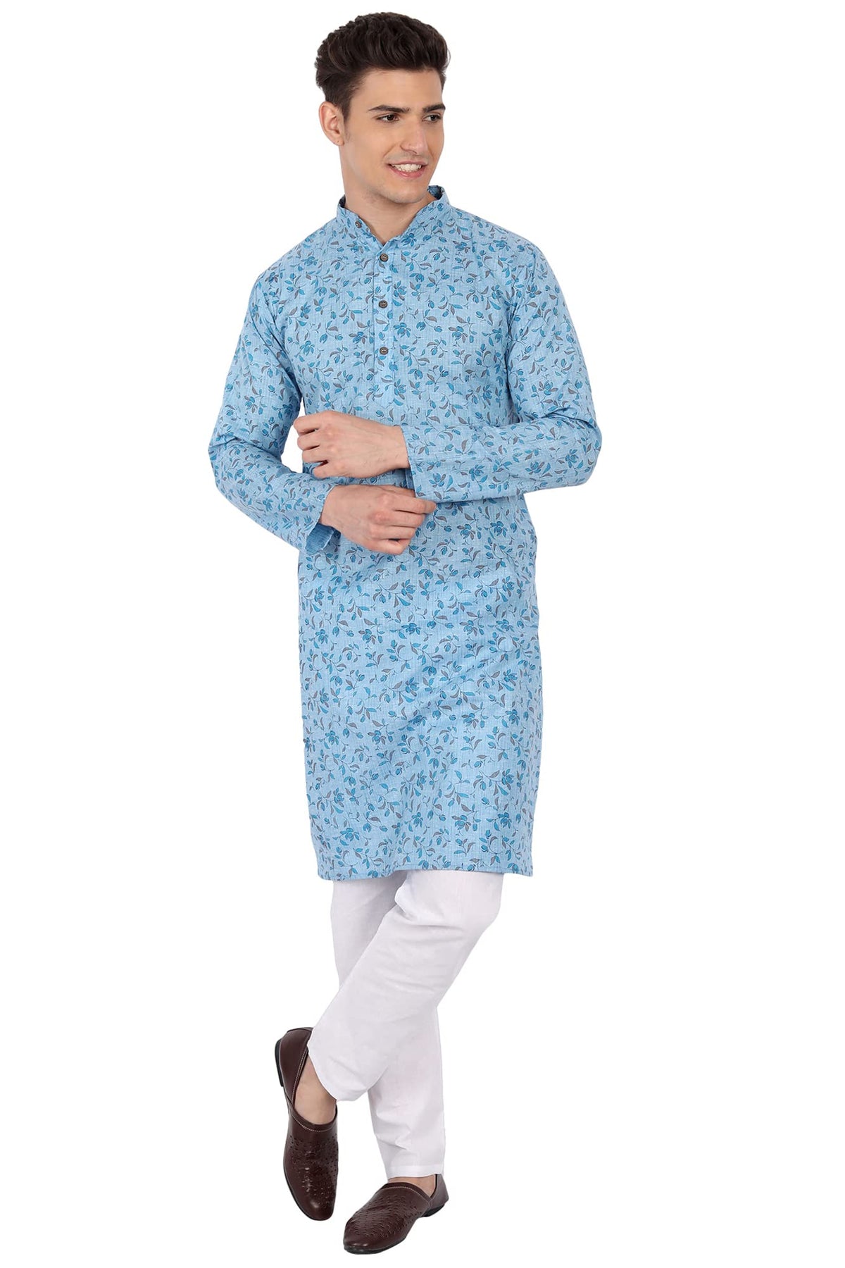 SKAVIJ Men's Art Silk Block Print Kurta Pyjama Set Floral Round Collar Festive Party Dress (KP091blue_Blue_S)