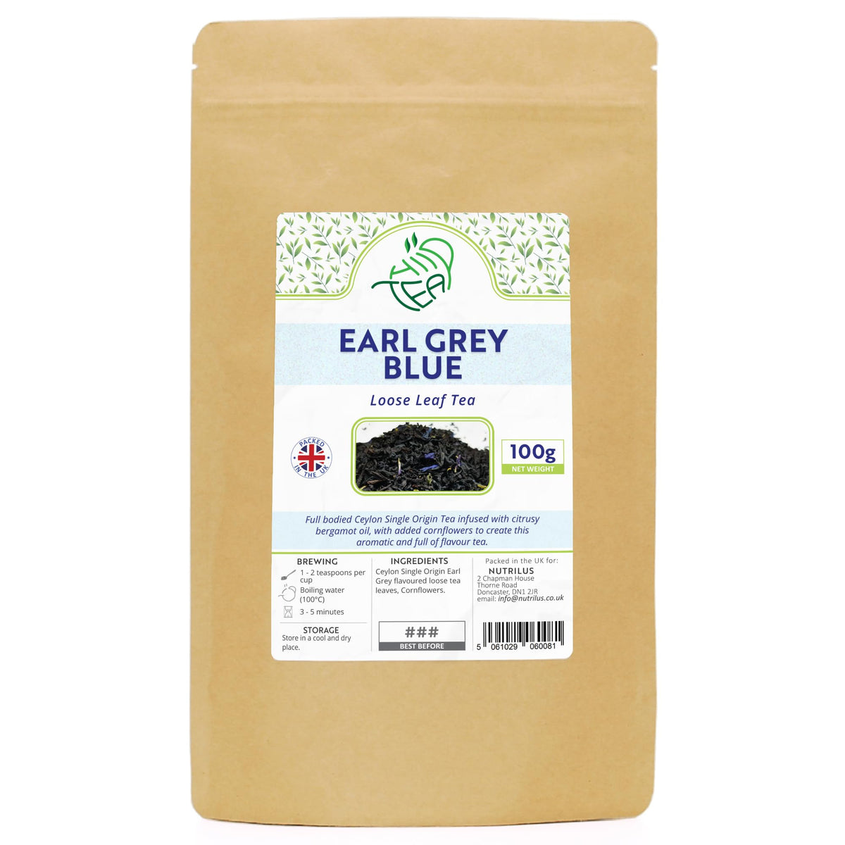 Earl Grey Blue - Premium Loose Leaf Tea Infused With Bergamot Oil - with Cornflowers (Blue, 100g)