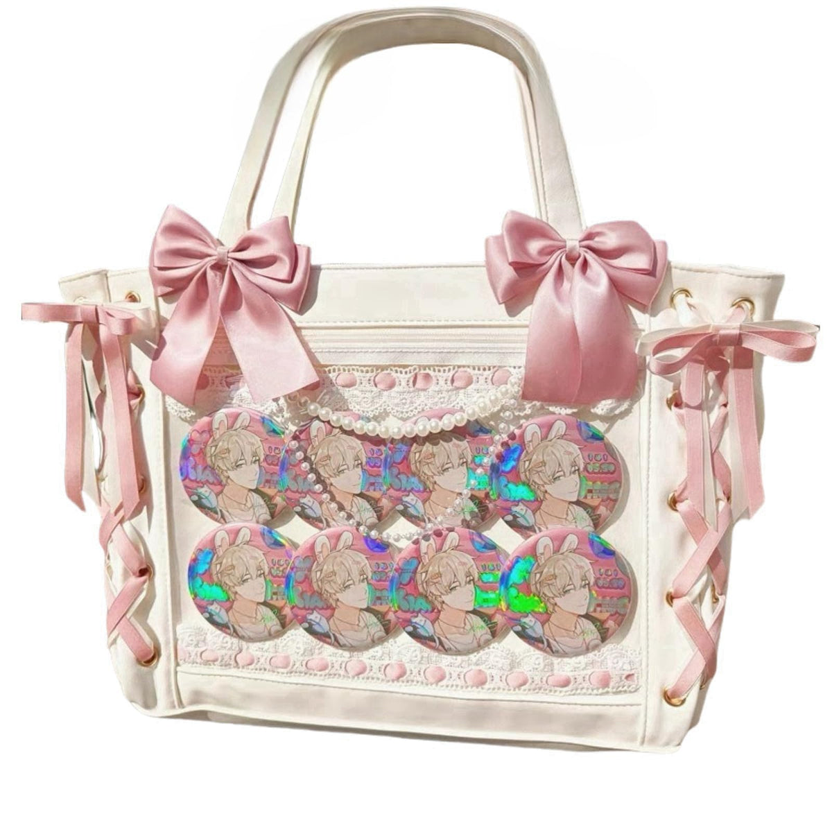 Ribbon Ita Bag Pins Display Single Shoulder Crossbody Bag PU Leather Big Capacity Tote Bag with Zipper (White)