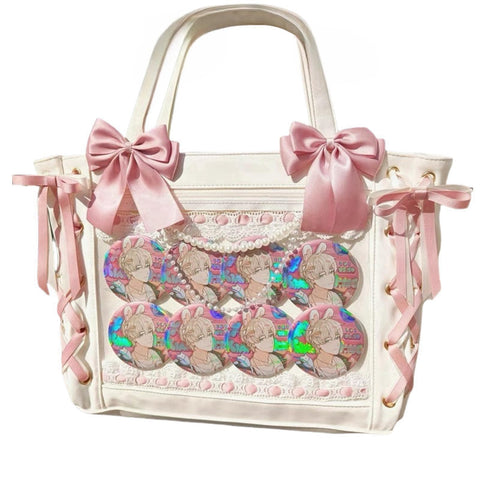 Ribbon Ita Bag Pins Display Single Shoulder Crossbody Bag PU Leather Big Capacity Tote Bag with Zipper (White)