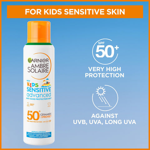 Garnier Ambre Solaire SPF 50+ Kids Anti-Sand Mist, Children's Sun Protection Spray, Non-Greasy and Fast-Absorbing, Water- and Sand-Resistant, Hypoallergenic, Sensitive Advanced, 150 ml