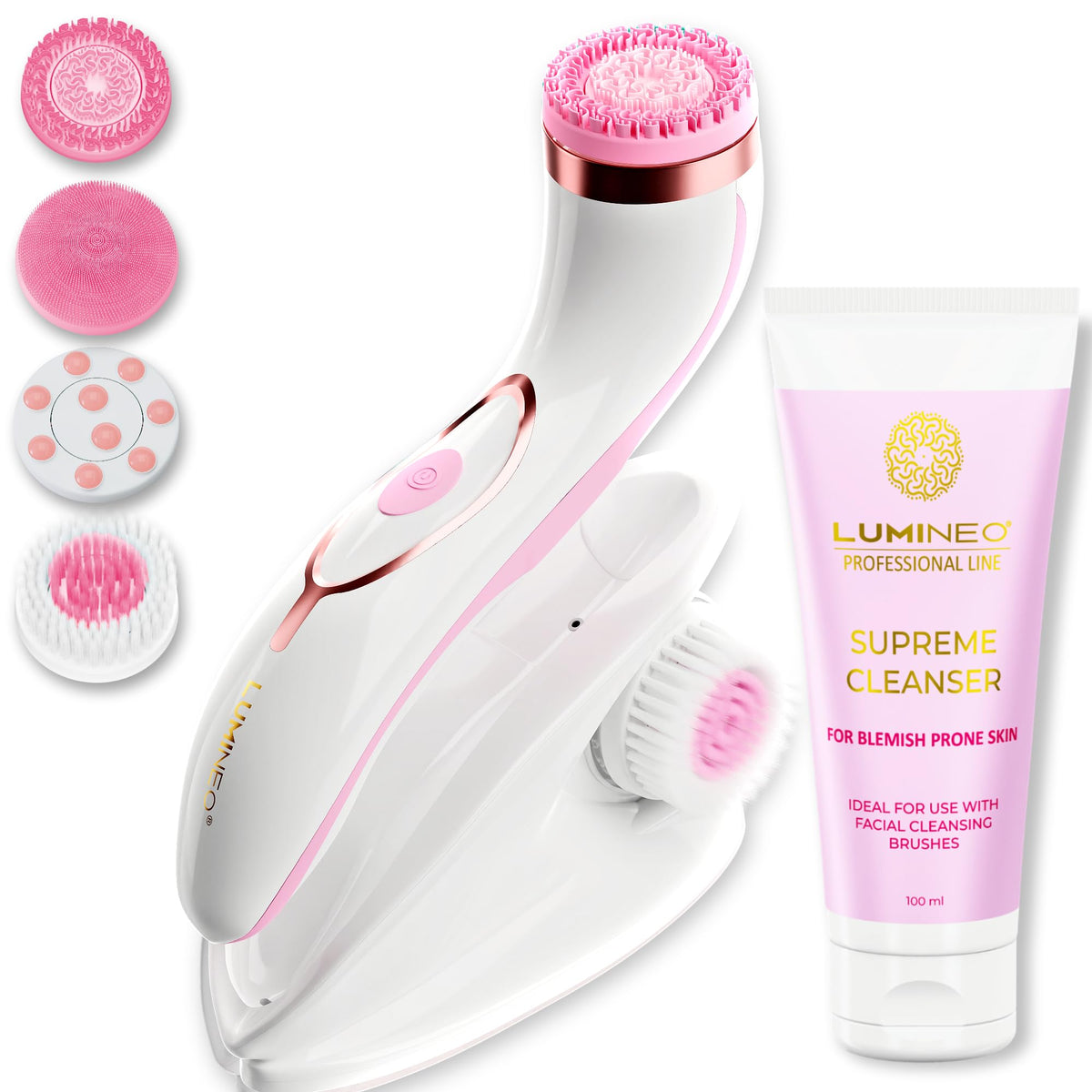 Lumineo PRO deep Facial Cleansing, face Brush with 4 Brush attachments, Medical Silicone, USB-C, IPX6 Waterproof, with Cleansing Gel for Acne-Prone, Oily and Flaky Skin (Rose)