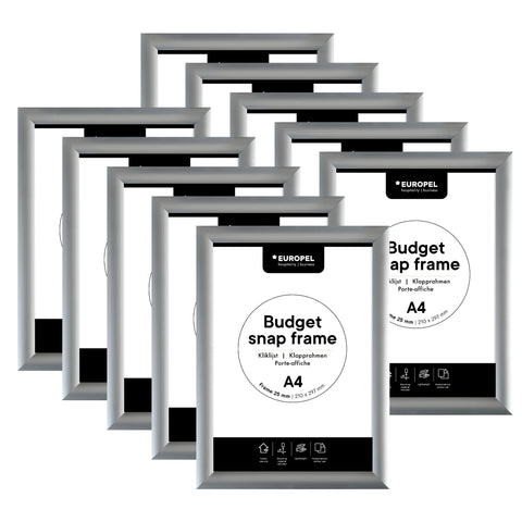 Europel Snap Frame Budget, Pack 10 pieces A4, 25 mm Aluminium Anodised Profile And Anti-Glare Cover Clip Poster Holders for Retail And Advertising Displays Notice Sign Board Frame for Walls