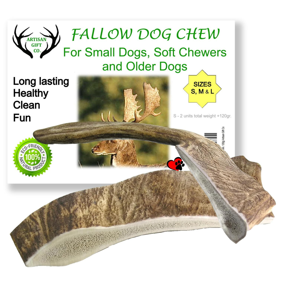 ARTISAN GIFT CO Fallow Antler Chews for Small Dogs and Puppies - 100% Natural Deer Antler Treats (S - 2 Units)